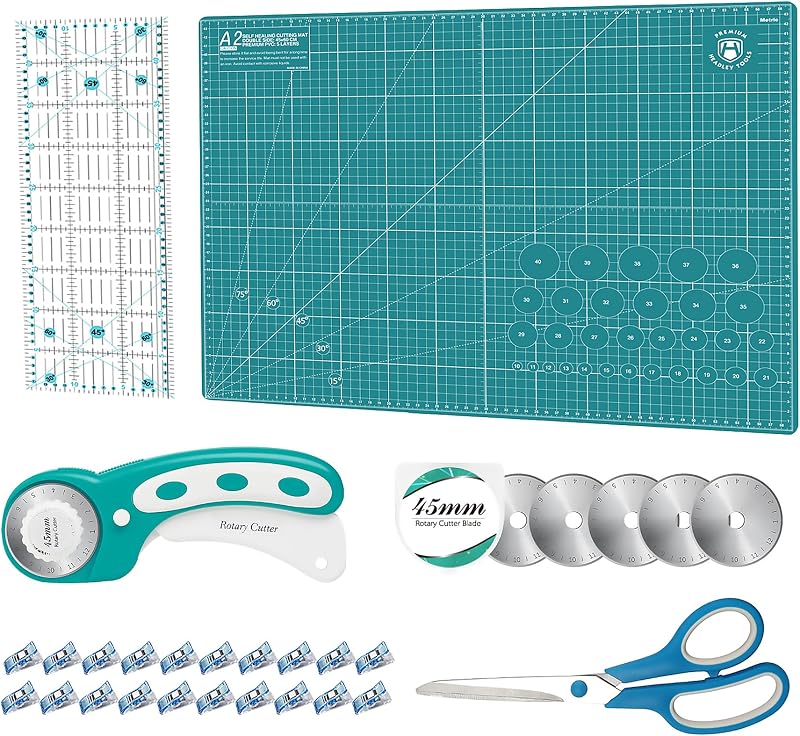 Headley Tools Rotary Cutter Set 45mm 5 Blades Self Healing Mat Ruler Clips