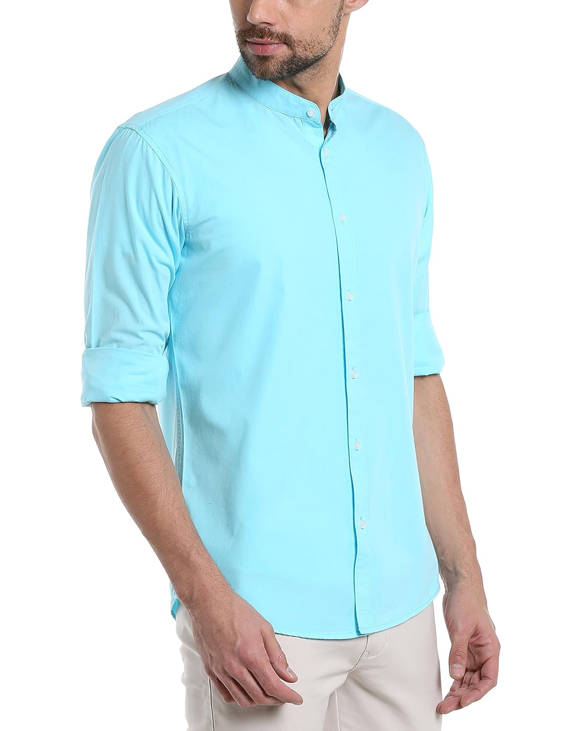 dennis lingo men's solid chinese collar tblue casual shirt