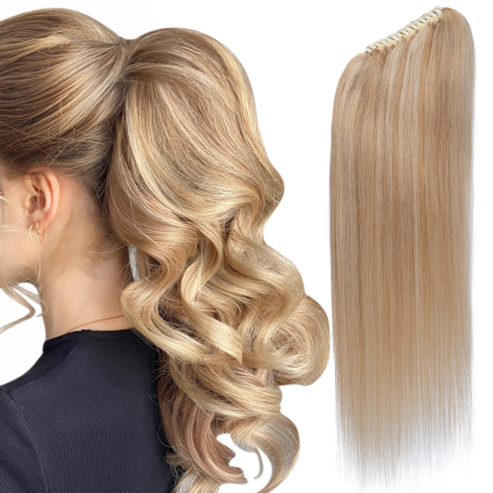 SEGOHAIR Claw Clip Ponytail Hair Extensions Human Hair, 14 Inch Ponytail Extension Natural Real Hair Straight Remy Hair Picecs-Dark Blonde with Bleach Blonde(115g） — image 1