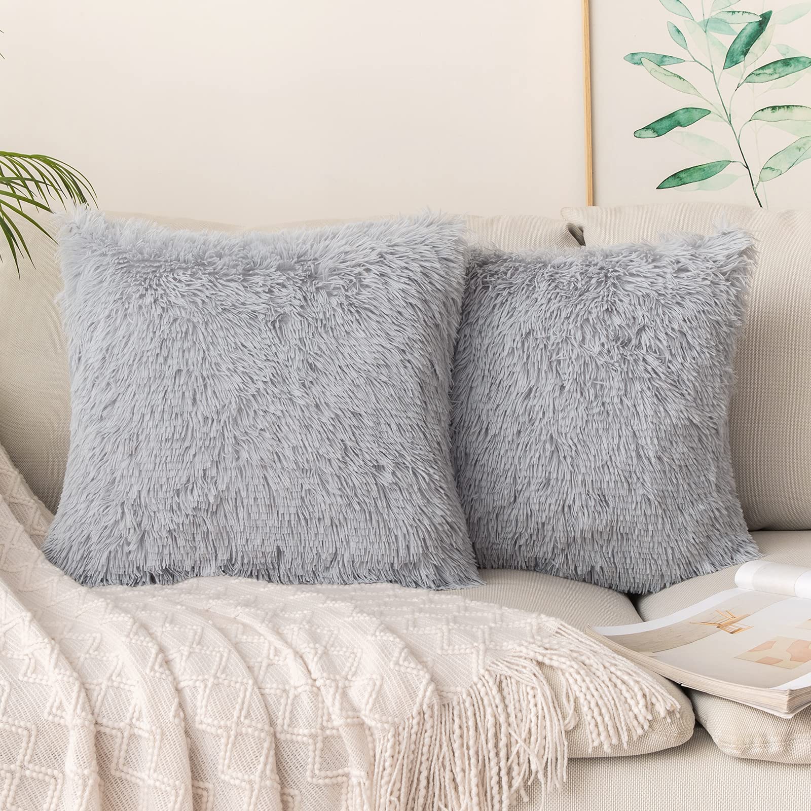 MIULEE Faux Fur Cushion Covers Fluffy Throw Pillow Case Soft Decorative Square Cute Pillow Plush Case For Livingroom Sofa Bedroom 16 x 16 Inch 40 x 40cm Grey-white Pack of 2