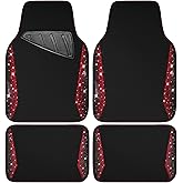 CAR PASS Bling Diamond Car Floor Mat Shining Rhinestones Carpet, Sparkly Glitter Crystal Anti-Slip PVC Heel Pad Automotive Universal Fit for SUV Sedan Car Van, 4pcs for Girl Cute Women, Black Red