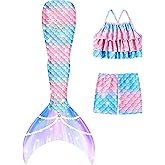Ghteas Girls Mermaid Bathing Suit 3PCS Cute Ruffle Tankini Swimsuits with Boyshort Fish Tail Kids Beach Swimwear 3-11Y