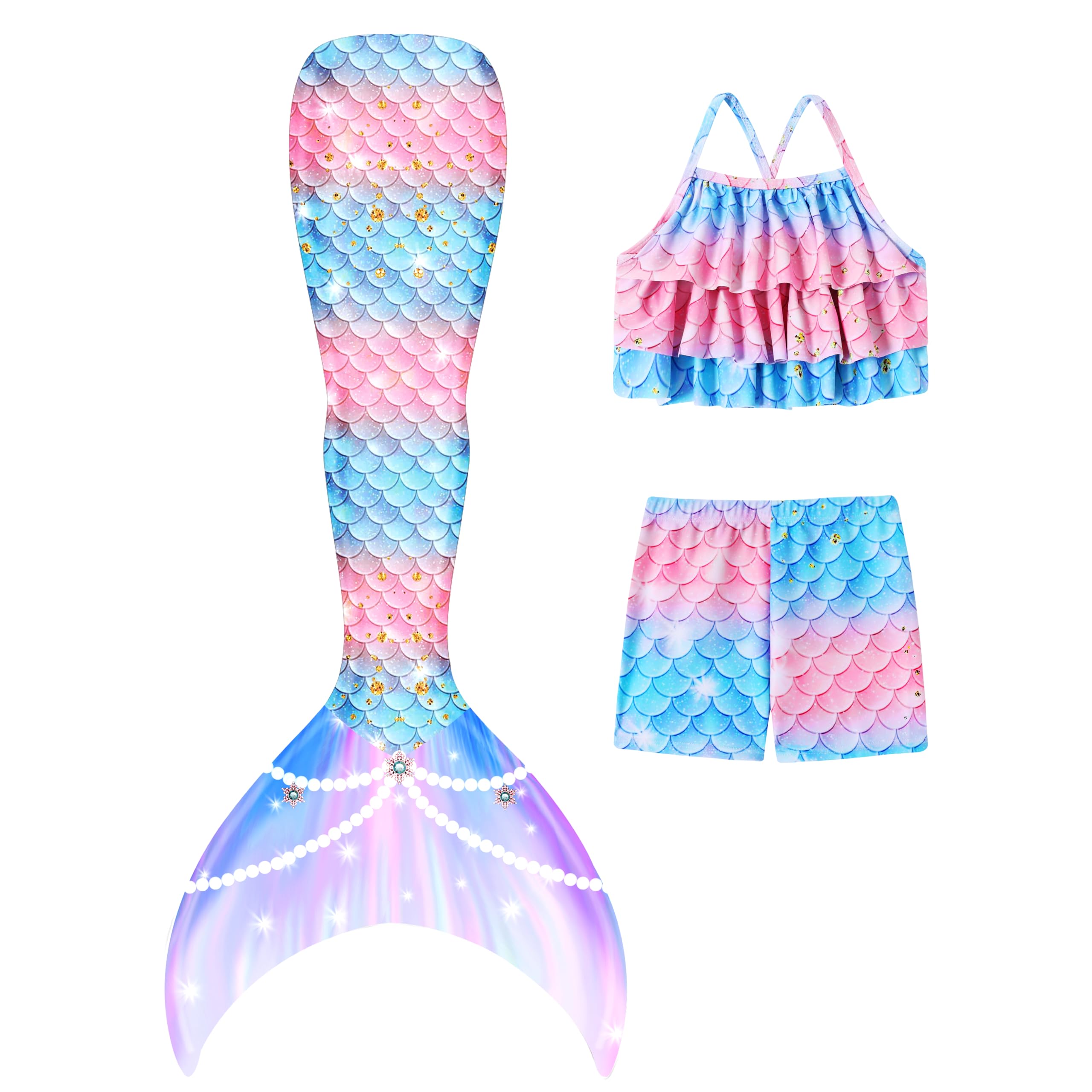 Photo 1 of Mermaid Bathing Suit for Girls Cute Swimsuits Tankini Swimsuits with Short Pink Fish Tail Beach Rash Guard Swimwear 4t 5t Swimsuit Girls