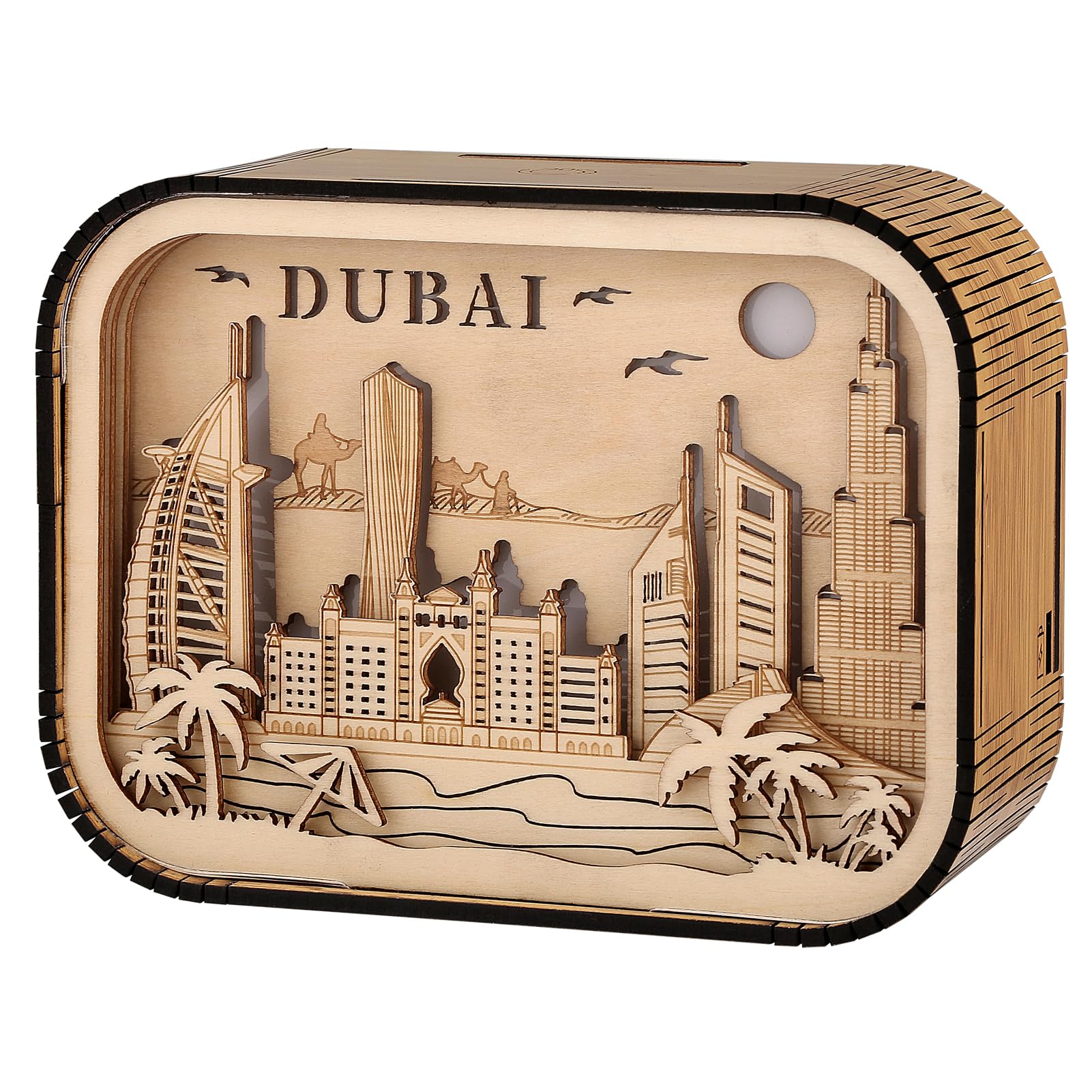 DRMFLE Dubai Wooden Ornament Lamp, 3D Dubai Souvenir Gift, Laser Cut Woodcraft, Desktop Wooden Ornament for Home Office Decor, Travel Souvenir