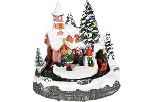 HOMCOM Animated Christmas Village Decoration, Pre-Lit Musical Christmas Village Houses with LED Lights, Rotating Train, 2 Mus