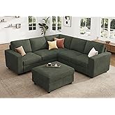 HONBAY Corduroy Sectional Sofa with Storage Ottoman, 6 Seaters L Shaped Small Sectional Couch for Living Room, Green