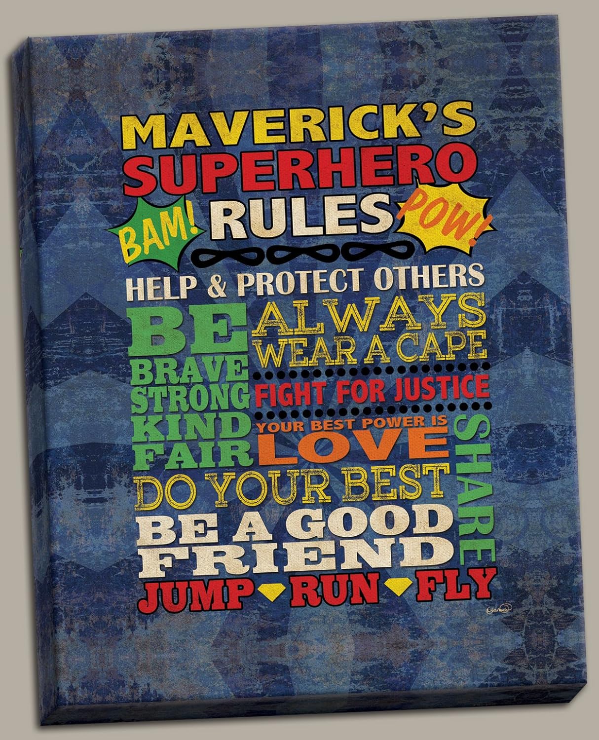 Gango Home Décor Extremely Popular Personalized Superhero Rules Poster Print; Great for a Childs Room or Nursery; One 12x16in Hand-Stretched Canvas