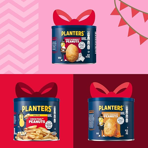 PLANTERS PEANUTS HOLIDAY TRIO PACK – SNACKS VARIETY PACK FOR ADULTS WITH SWEET N CRUNCHY, HONEY ROASTED, AND COCKTAIL PEANUTS (3 COUNT CANISTERS)