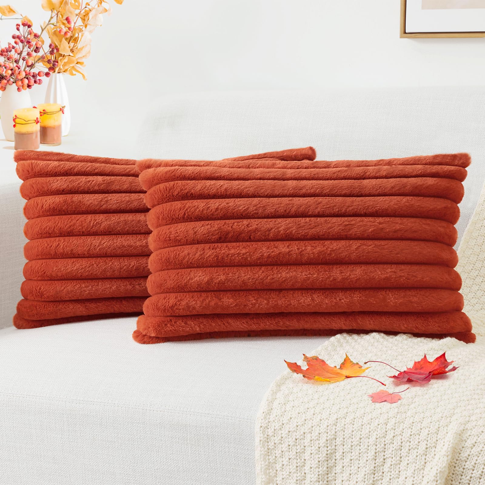 Photo 1 of Pallene Faux Fur Plush Fall Throw Pillow Covers 12x20 Set of 2, Luxury Soft Fluffy Striped Decorative Pillow Covers for Sofa, Couch, Living Room, Rust