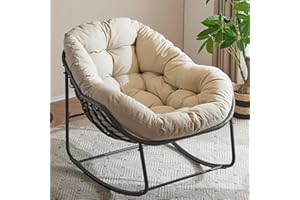 YDcosyfy Oversized Outdoor Papasan Rocking Chair with Soft Cushion, Comfy Patio Egg Chair, Wicker Lounge Rocker for Balcony/Porch/Garden, Reinforced All Weather Rattan Frame, 330 lbs Support, Beige