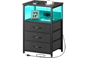Seventable Nightstand with Charging Station and LED Light, Set of 2 Side Table with 3 Fabric Drawers, Bedside End Table with USB Ports and Outlets, Night Stand for Bedroom, Black