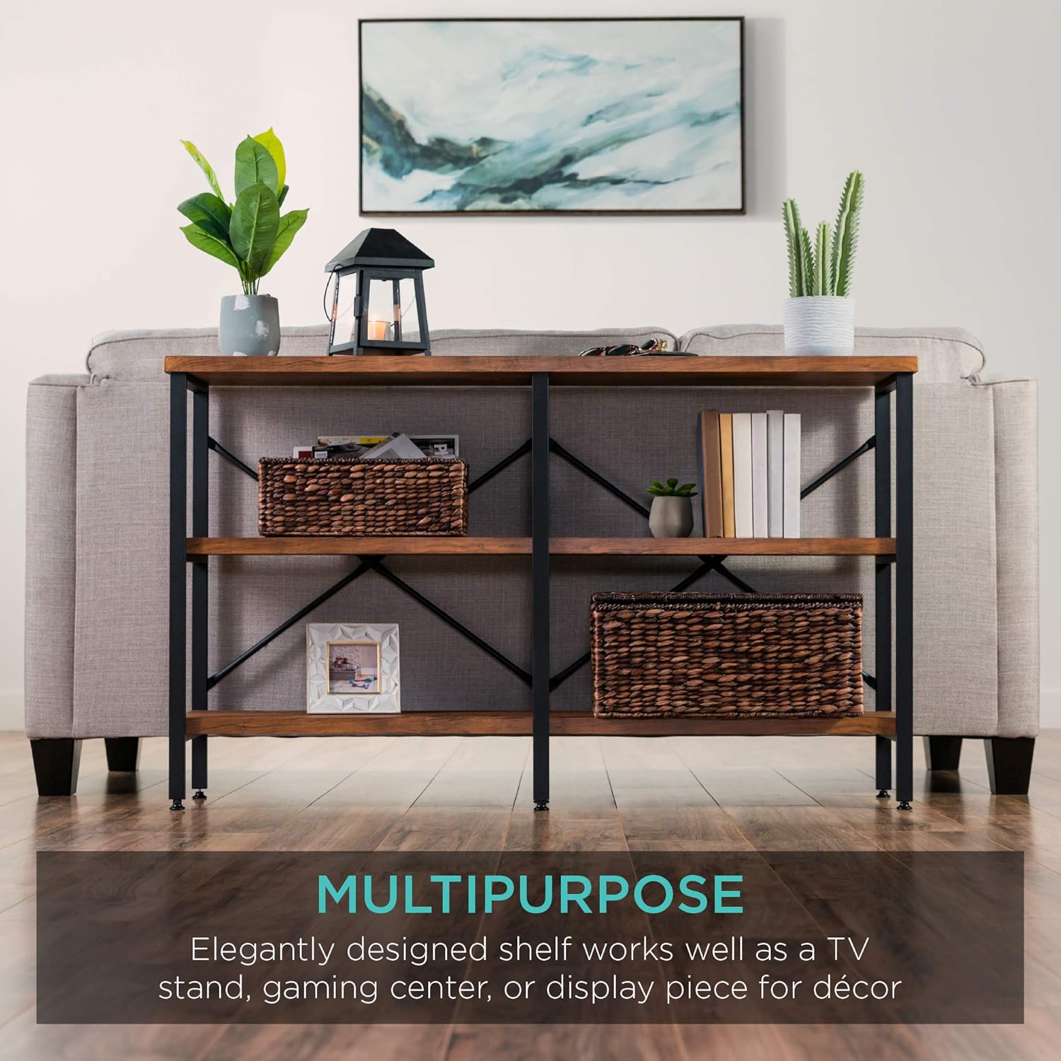 Best Choice Products 55in Rustic 3-Tier Console Sofa Table, Industrial Foyer Table for Living Room, Entry Way, Hallway w/EVA Non-Scratch Feet, Steel Frame - Brown: Furniture & Decor