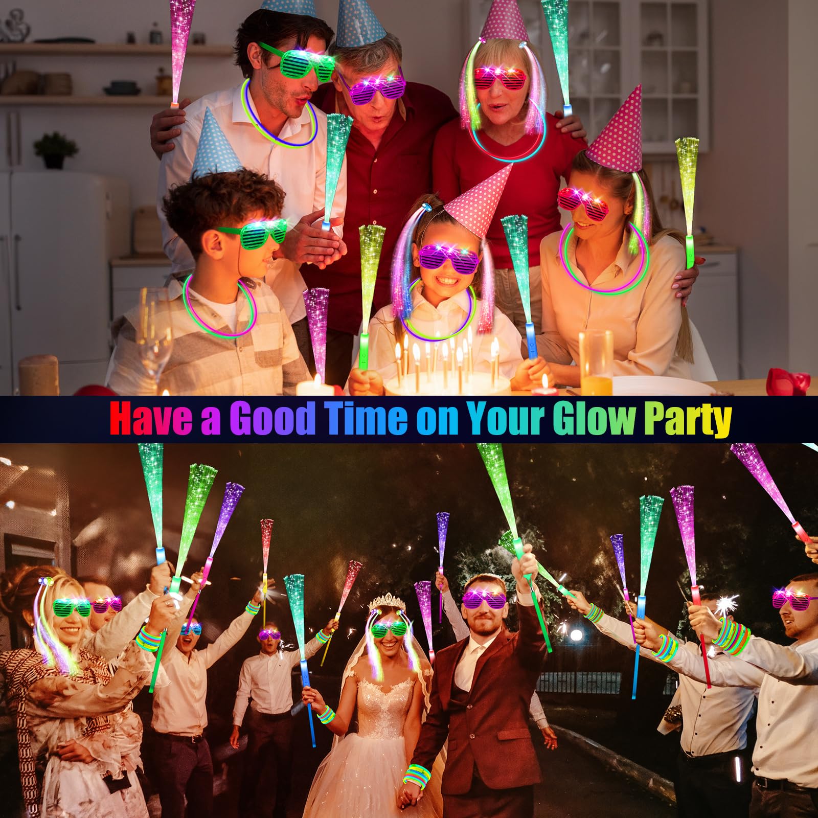 148 PCS Glow in the Dark Party Supplies, 16 Fiber Optic Wands, 14 LED Glasses, 100 Glow Sticks and 18 LED Hair Clips Fiber Optic for Neon Party, Wedding, Birthday, Concert, New Year