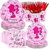 Greencian 168Pcs Pink Girl Party Supplies Hot Pink Birthday Plates and Napkins Pink Princess Decorations Tableware Set for Girl Doll Theme Party Supplies，Serves 24