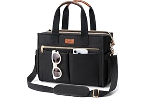 BAGSTELLAR Canvas Tote Bag for Women, 15-Pocket Large Crossbody Handbag Bible Laptop Bag Zipper Bookbag for Teacher Work Travel College