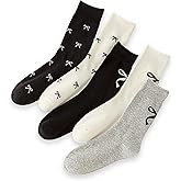 Women's Crew Socks Calf Cotton Cute Bow Pattern Campus Style Sock for Girls White Black Grey Fancy Printed Socks 5pack Size5-9