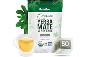 Yerba Mate Tea Organic - Brain Tea Organic Yerba Mate Tea bags 50 count - Native Rainforest Sourced, Unsmoked & Air-Dried, High Caffeine Matte Tea for Detox & Focus Boost - 100g