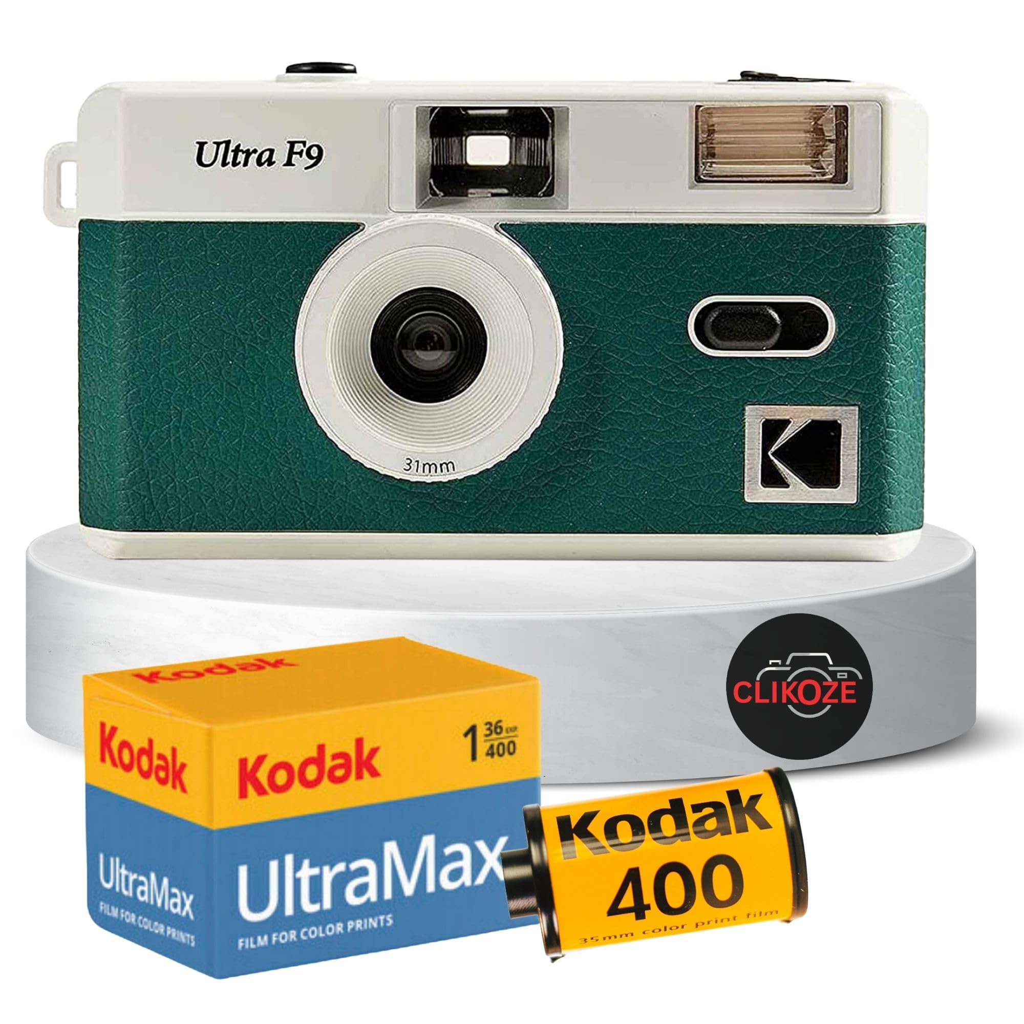 Reusable Film Camera Bundle includes a Green Kodak Ultra F9 Film Camera, Kodak Ultramax 35mm Film 36 Exposures and Clikoze Camera Film Photography Tips Card