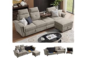 Pingliang Home 110" Sectional Sofa, Convertible L Shaped Sofa with Ottoman and Large Storage, 4 Seat Sectional Couch with Cup Holder, Couches for Living Room, Apartment, Office (Beige)