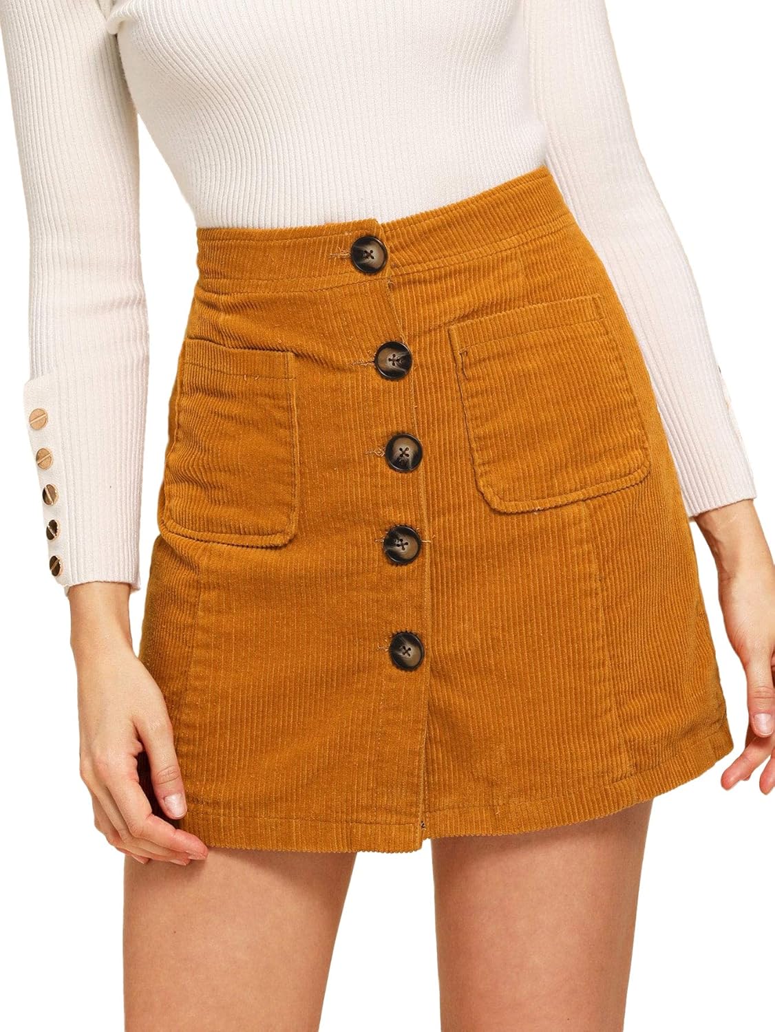 WDIRARA Women's Mid Waist Corduroy A-line Slim fit Button Casual Mini Skirt: Clothing