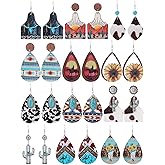 12 Pairs Western Earrings Set for Women Boho Cowgirl Vintage Turquoise Print Leather Wood Teardrop Dangle Bohemian Cowboy Earring Jewelry