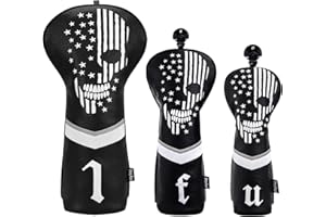 CAIOBOB mytag Golf Skull Skeleton Head Cover Golf Club Black Leather Headcovers Set Fits Driver Fairway Wood Hybrid Utility Putter Iron Wedge Headcover