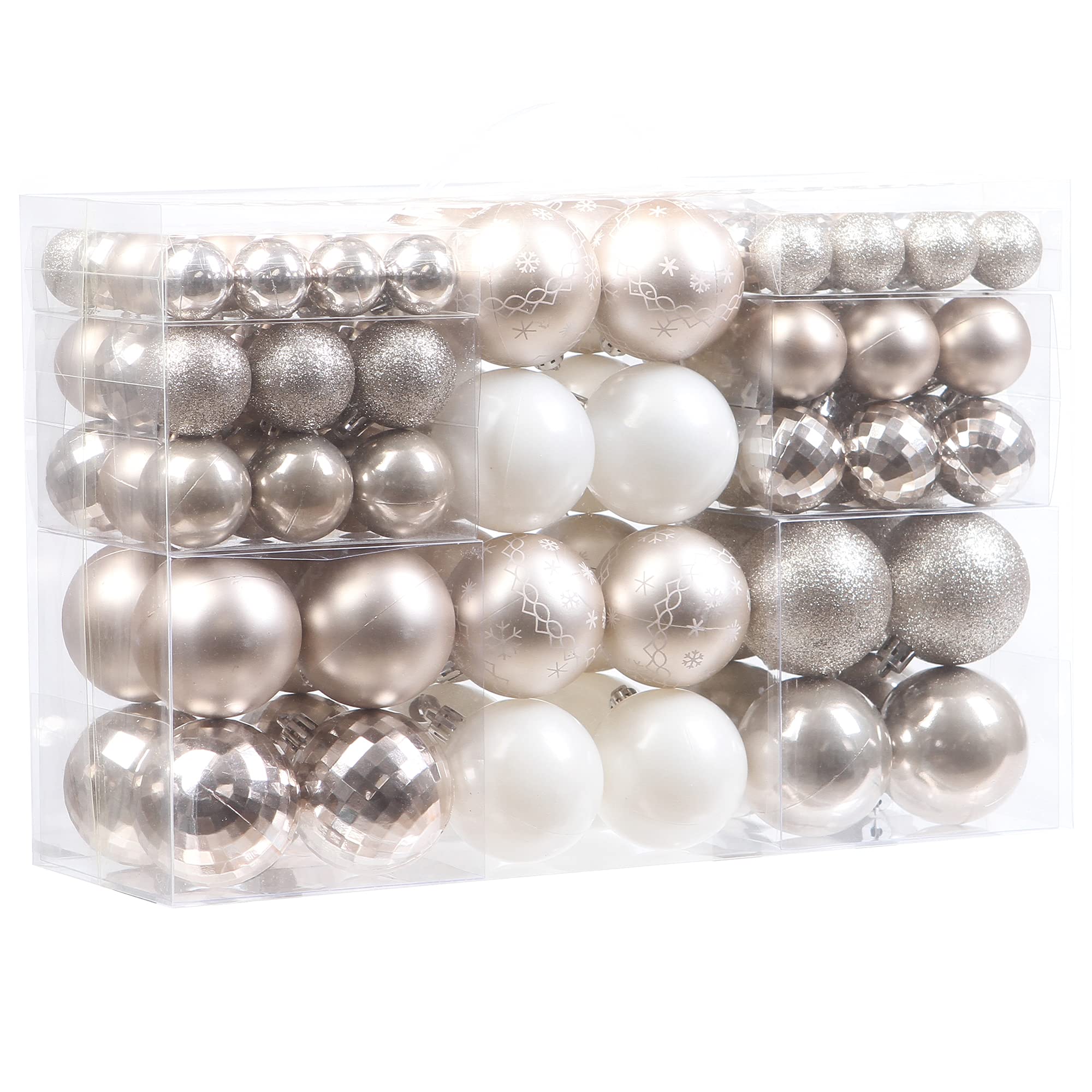 Sea Team 100 Pieces of Assorted Christmas Ball Ornaments Shatterproof Seasonal Decorative Hanging Baubles Set with Reusable Hand-held Gift Package for Holiday Xmas Tree Decorations, Champagne