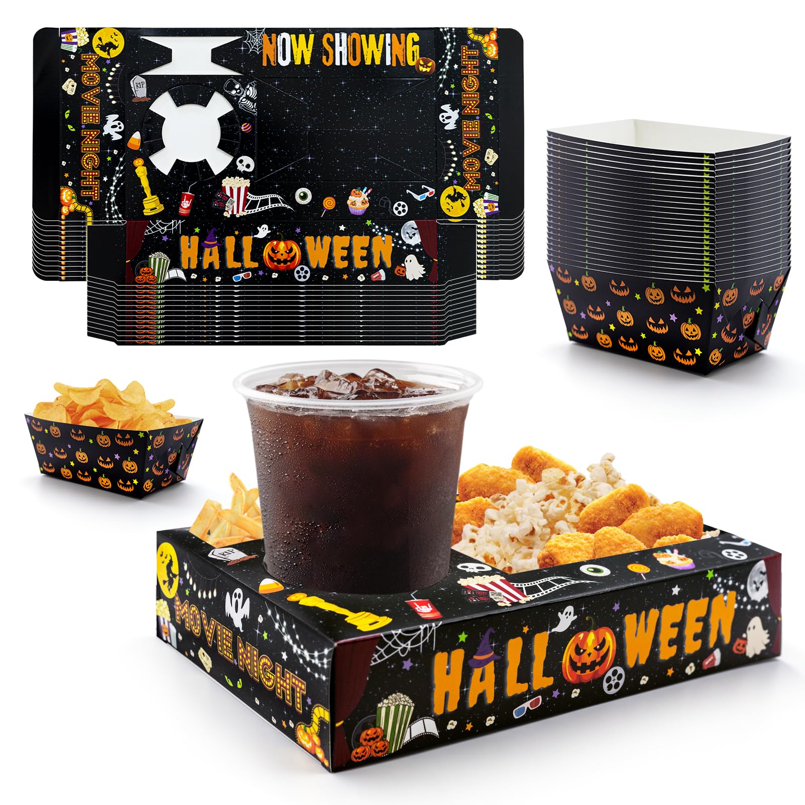 Photo 1 of 48 Pcs Halloween Party Supplies - Movie Night Paper Snack Trays, Decorations, Trick or Treat & Birthday Party Favors, Popcorn & Drink & Candy Box