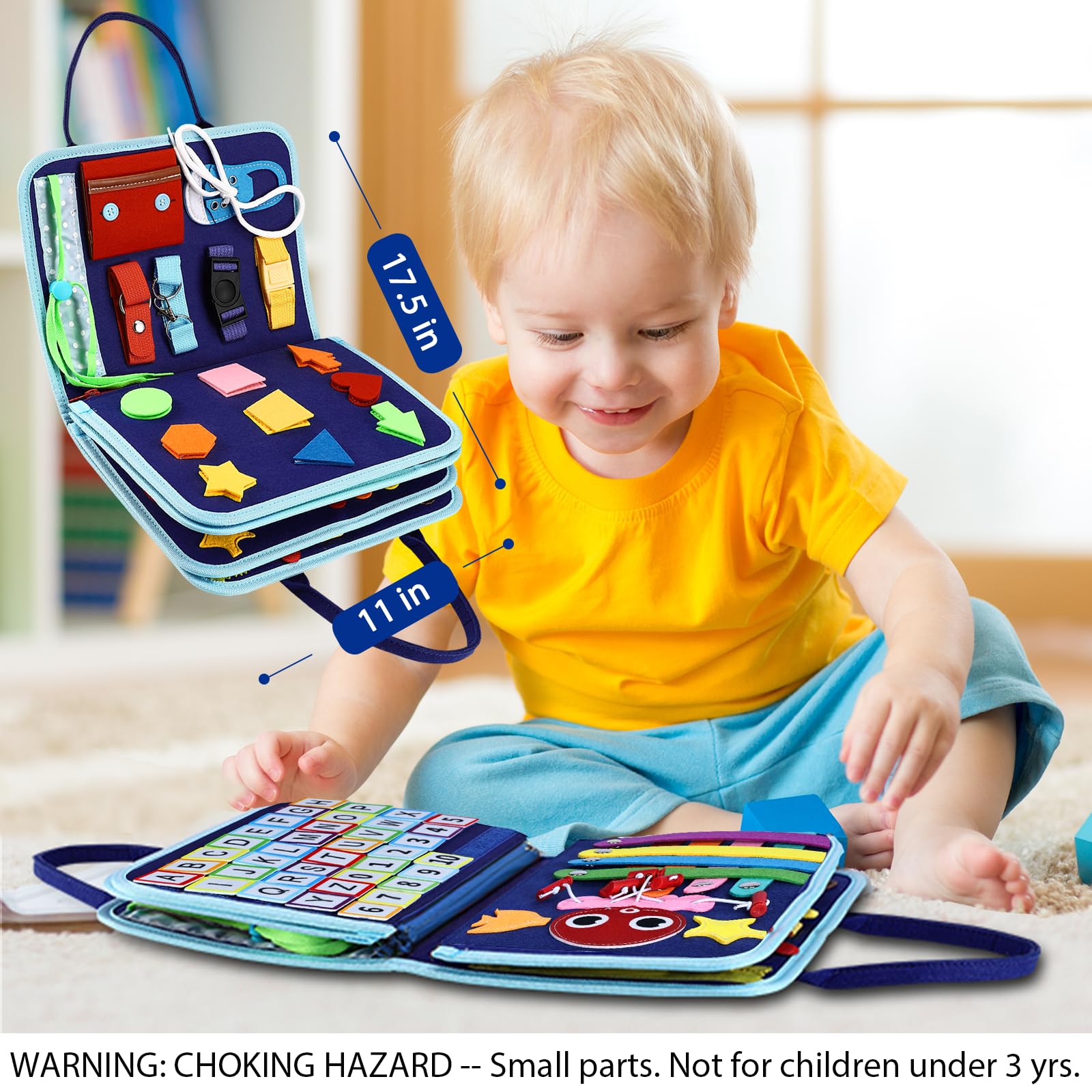 Esjay Toddler Busy Board Montessori Toys for Boys, Sensory Board Educational Activities for Learning Fine Motor Skills, Birthday Gifts for Boys Toddlers, Travel Toys for Airplane Car, Blue Dinosaur