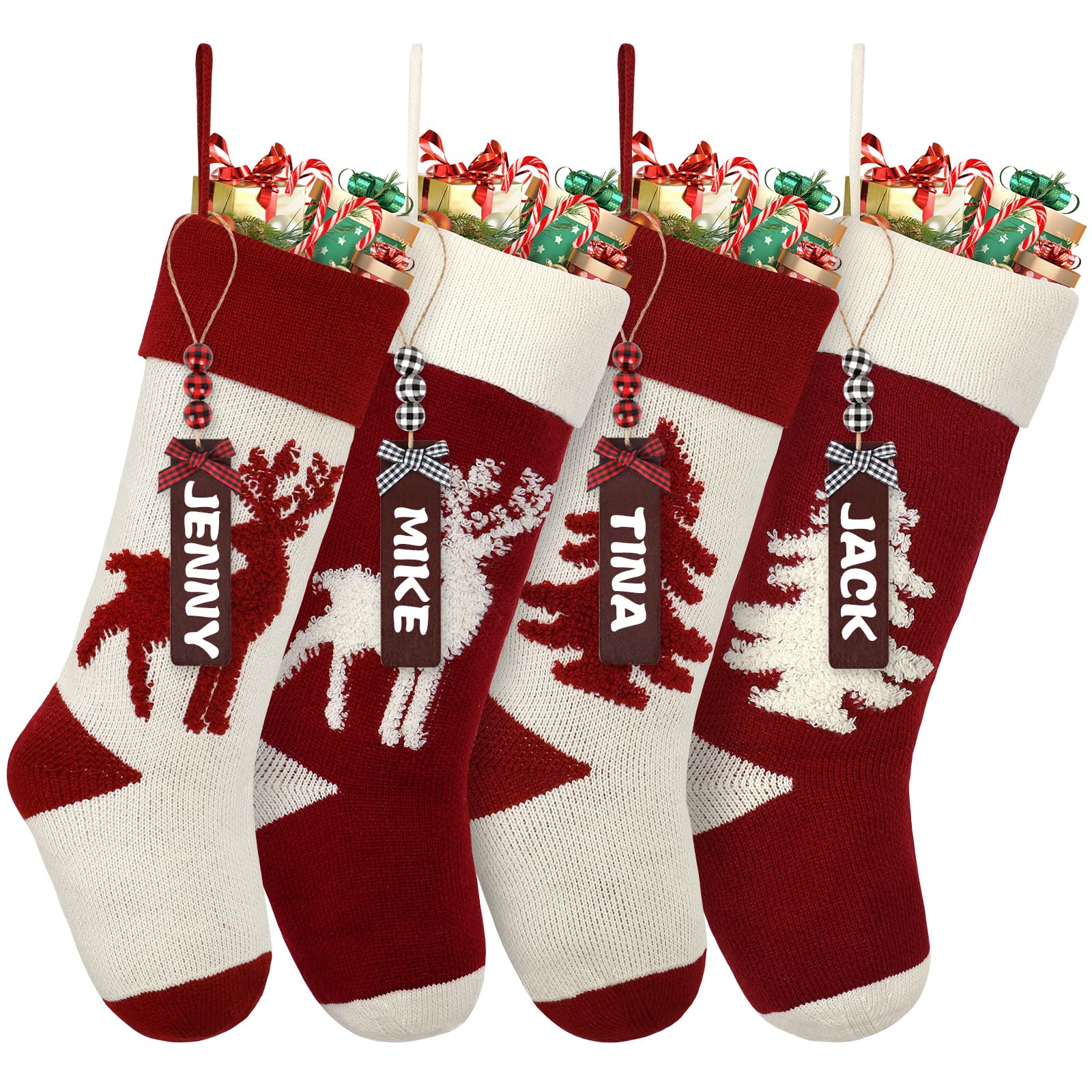 Dremisland 4 Pack Personalised Christmas Stockings Custom Name Family Xmas Stockings 18 Inch Large 3D Cable Knitted Stockings Reindeer Tree Pattern Hanging Ornament Christmas Holiday Party Decoration
