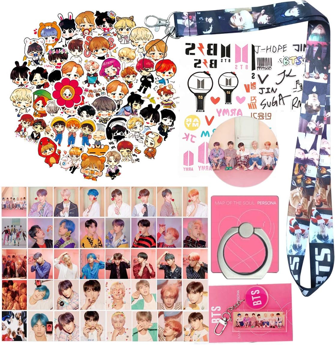 BTS Gift Set for Army,63 pcs BTS Laptop Stickers,40 pcs BTS LOMO Card,1 Pcs BTS Phone Ring Holder,1 Pcs Airbag phone bracket,1 Pcs BTS Lanyard,1 Pcs Keychain,1 Pcs Signature sticker and Tattoo Sticker