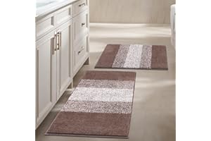 Vaukki Luxury Soft Bathroom Rugs Set of 2, Non Slip Washable Plush Bath Floor Mats, Microfiber Shaggy Absorbent Striped Bath Carpet for Tub, Bathroom and Shower (18''x26''+20''x32'', Coffee)