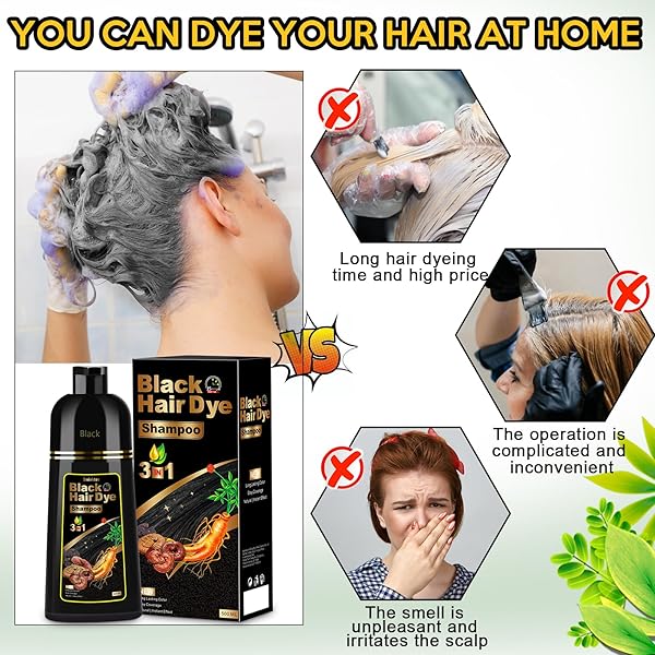 HAIR DYE SHAMPOO 3 IN 1, HERBAL SHAMPOO HAIR DYE FOR WOMEN MEN, GREY COVERAGE SHAMPOO 500ML (BLACK)