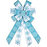 LINGMIN Large Christmas Bows for Wreath, Merry Christmas Wreath Bows White Blue Burlap Bow Winter Holiday Snowflake Craft Ribbon Xmas Tree Bows for Front Door New Year Decorations