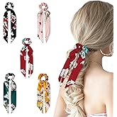 Yonchic 5-Piece Flower Printed Knotted Scarf Scrunchies for Women & Girls, Cute Floral Print Knot Elastic Ribbon Ponytail Holder Hair Ties, Bow No Damage Hair Accessories (Flower01)