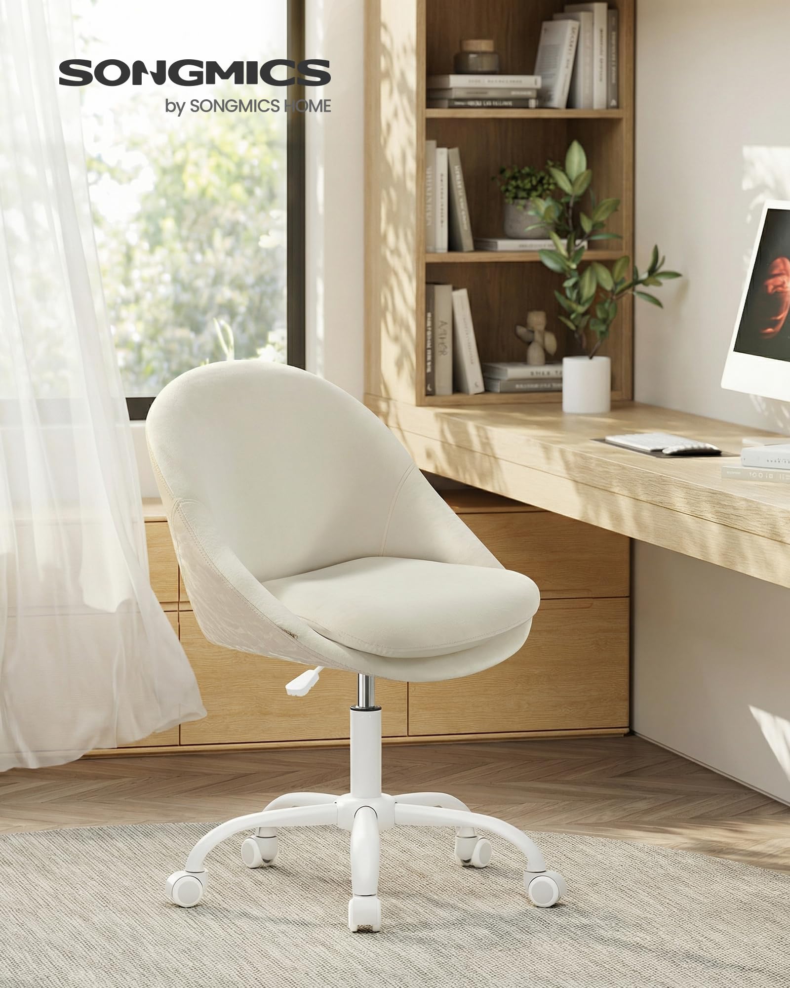 SONGMICS Homeoffice-Stuhl, Schminkstuhl mit Samt-Vorderseite, Schreibtischstuhl, Schaumstoffpolsterung, höhenverstellbar, für Arbeitszimmer, Schlafzimmer, cremeweiß OBG020WD01 2
