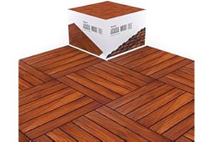 flybold Acacia Wood Patio Flooring Interlocking Deck Tiles (Pack of 10, 12" x 12") Waterproof UV Protected All Weather Tile for Composite Decking Dance Floor for Outdoor Party Balcony