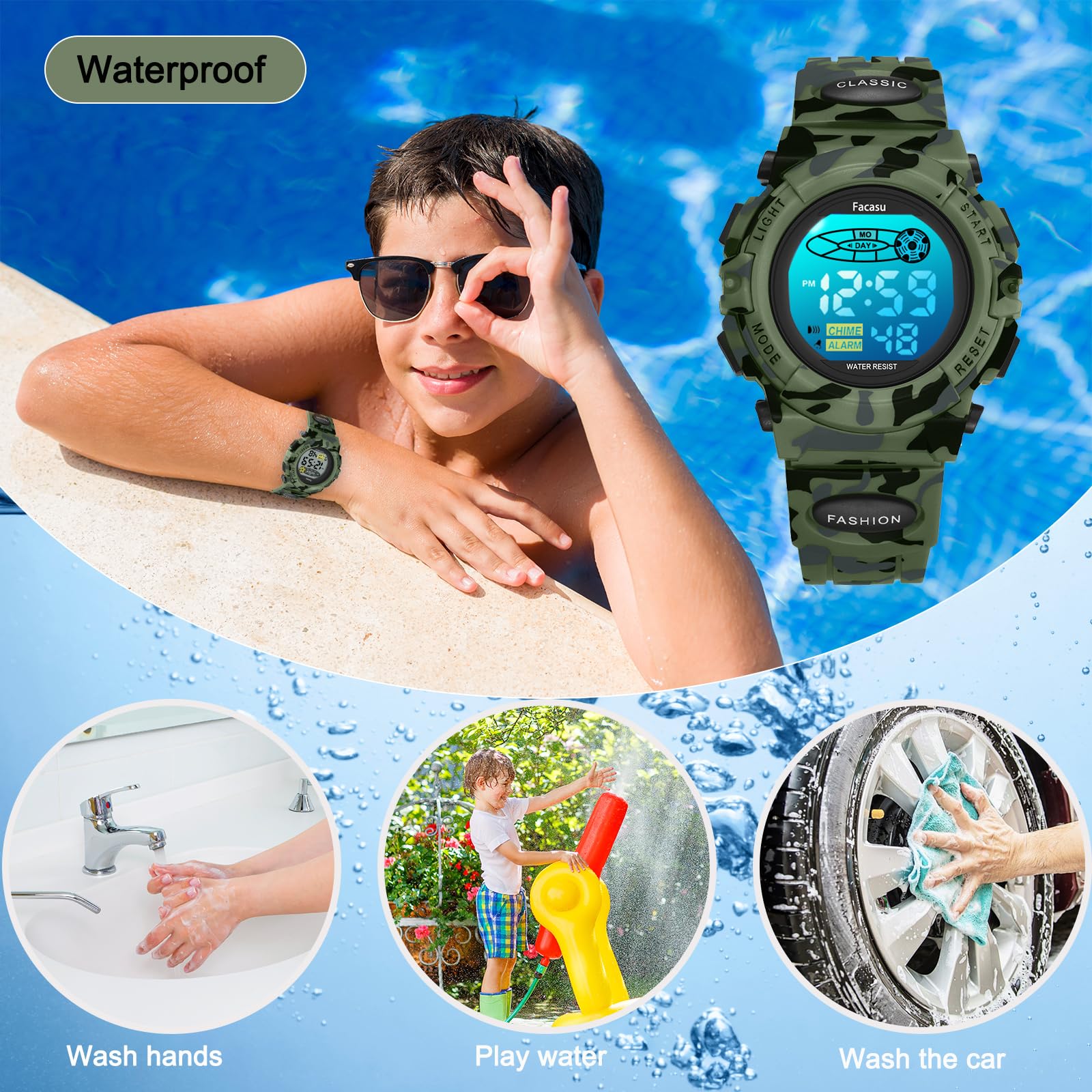 Facasu Camo Sports Watch for Boys-Waterproof Kids Digital Watch with Colorful Light, Alarm&Snooze,Stopwatch Military Design Silicone Band Gift for Birthdays,Christmas Outdoor Activities(8+ Years)