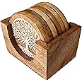 VANIYA CRAFTS® Handmade Round Wooden Tree of Life Coasters for Drinks with Holder for Coffee Table, Hot Drinks, Beverages, Housewarming Gift (Natural White Finish)