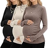Neer 3 Pack Women's Maternity Tops, Pregnant Long Sleeve Sweaters Mock Turtleneck Pregnancy Shirts Ribbed Knit Mama Clothes