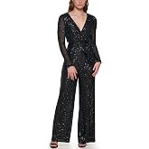Eliza J Women's Long Sleeve V-Neck Wrap Sequin Jumpsuit