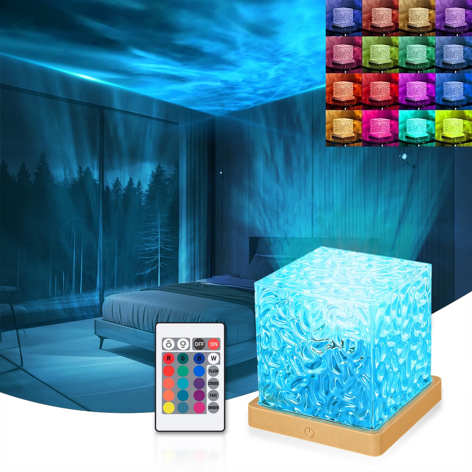 Photo 1 of Northern Lights Projector, Ocean Wave Projector Light, Dynamic Aurora Light Projector with Remote Control, 16 Colors Gradual Rotating Flame Water Lamp, Luminorth Cube lamp for Bedroom/Room Decor