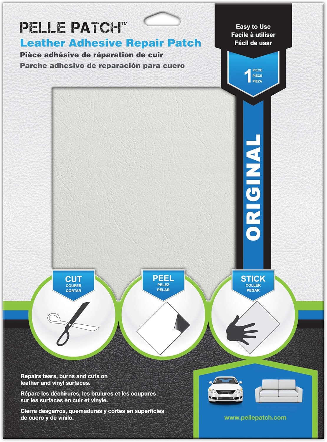 Pelle Patch - Leather & Vinyl Adhesive Repair Patch - 25 Colors Available - Original 8x11 - White
