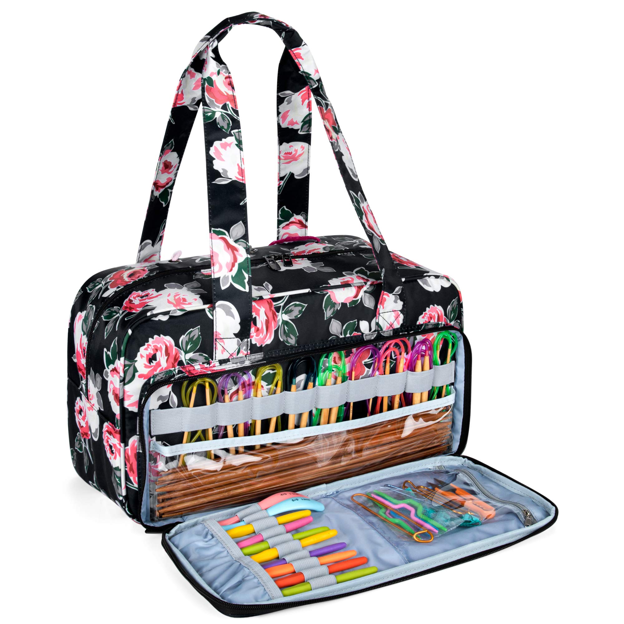 CURMIO Yarn Storage Bag, Knitting Tote Bag for Crochet Hooks, Knitting Project and Accessories, Ideal for Crochet Beginners and Knitting Lovers, Bag Only, Black Flower