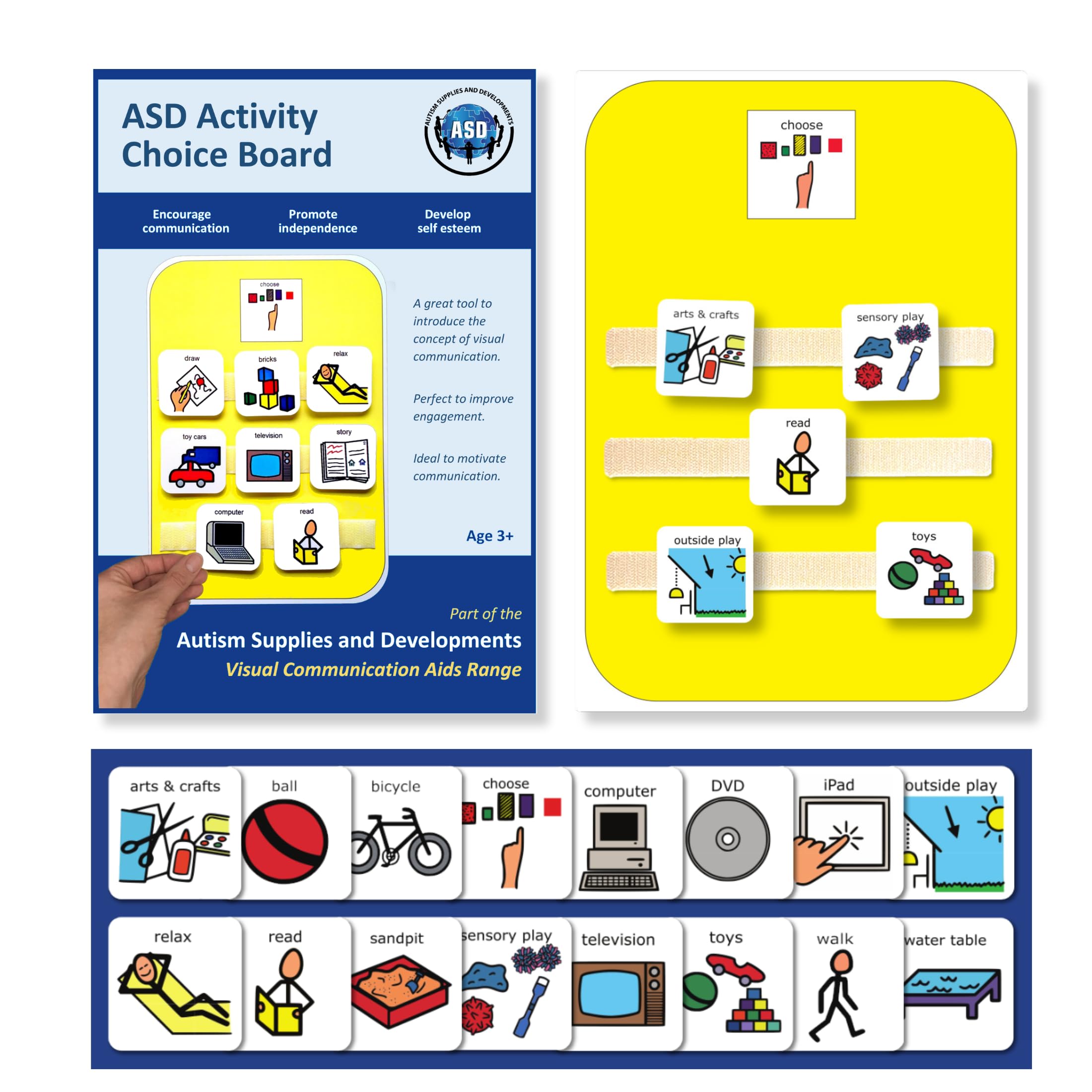 Activity Choice Board and Cards – A4 Visual Schedule Communication Board with 16 Symbols - Durable Plastic – perfect for School, Home, Therapy, Respite