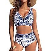 Hanna Nikole Womens High Waisted Bikini Sets Floral Print, 2 Piece Swimsuits Cutout, V Neck Bathing Suits Sexy Swimwear