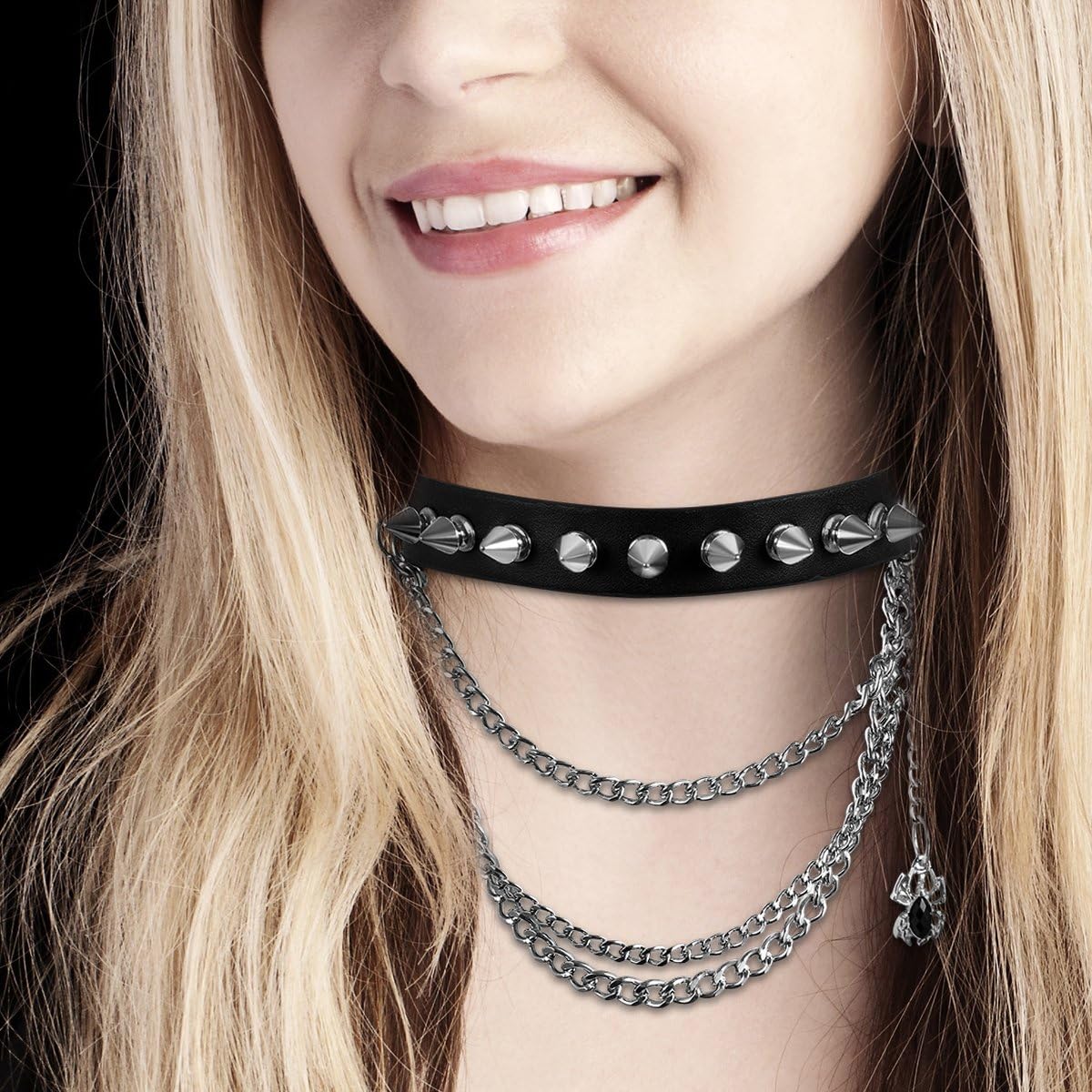 Flongo Womens Girls Goth Spider Pendant Spiked Black Leather Rivet Link Choker Collar, Adjustable Neckband Necklace Halloween - Image 5