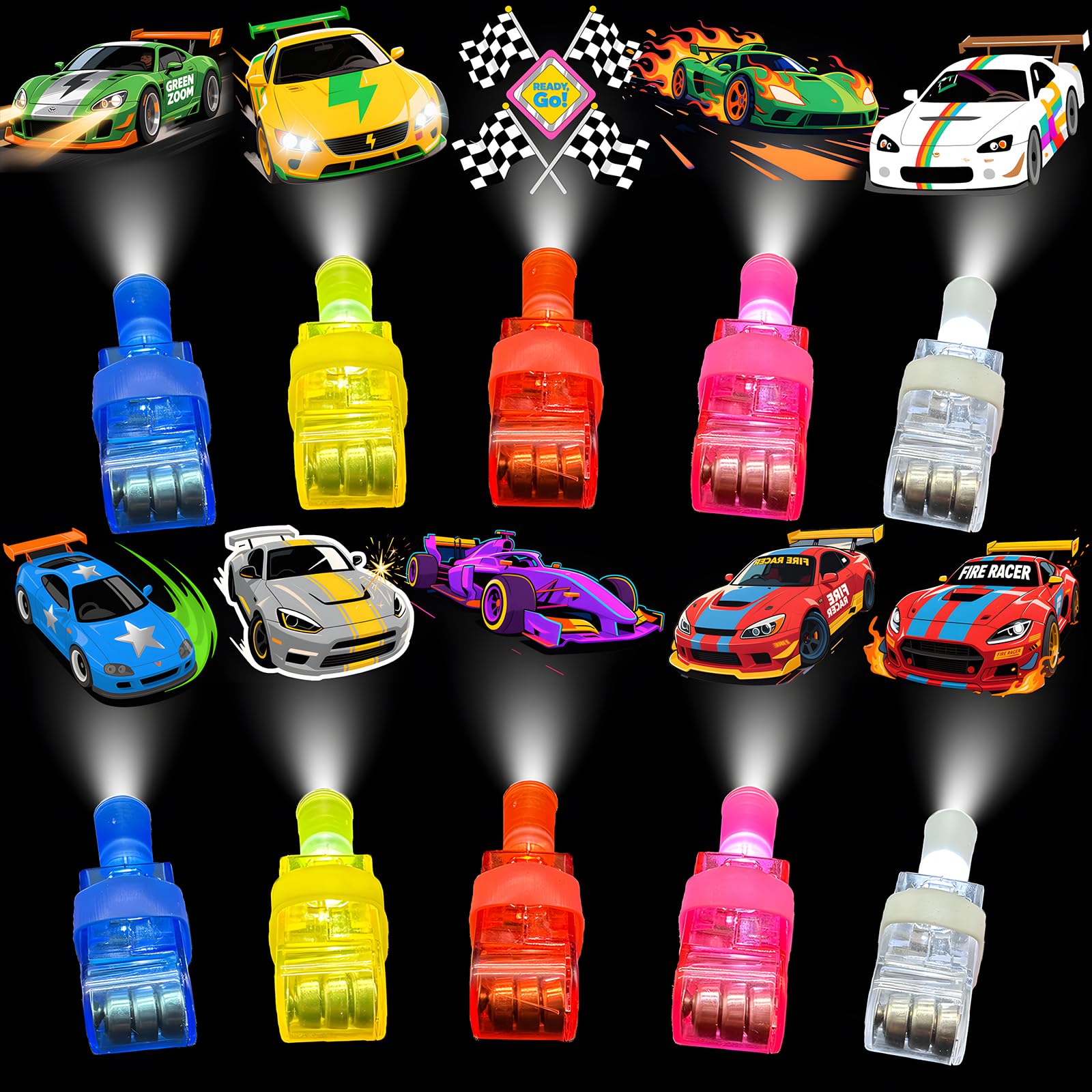 KCNVLCK 40 PCS Race Car Party Favours Goodie Bag Fillers - Kids LED Light Up Finger Lights Toys, Glow in The Dark Rave Accessories for Boys Girls Birthday Halloween Party Supplies — image 1