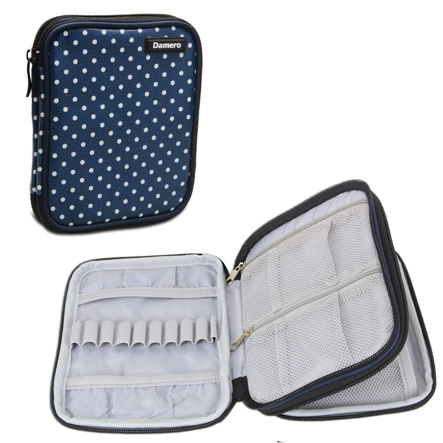 Damero Crochet Hook Case, Portable Zipped Case for Knitting Needles, Hooks and Crochet Kit, Stury Case with Double Layer, Well Made, Small Volume and Easy to Carry, Blue Dots-New Version