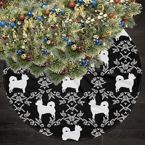 Amazon Co Jp Nalanxq クリスマスツリースカート チワワ ブラック シルエット 花柄 犬 クリスマスオーナメント スカート ホーム キッチン